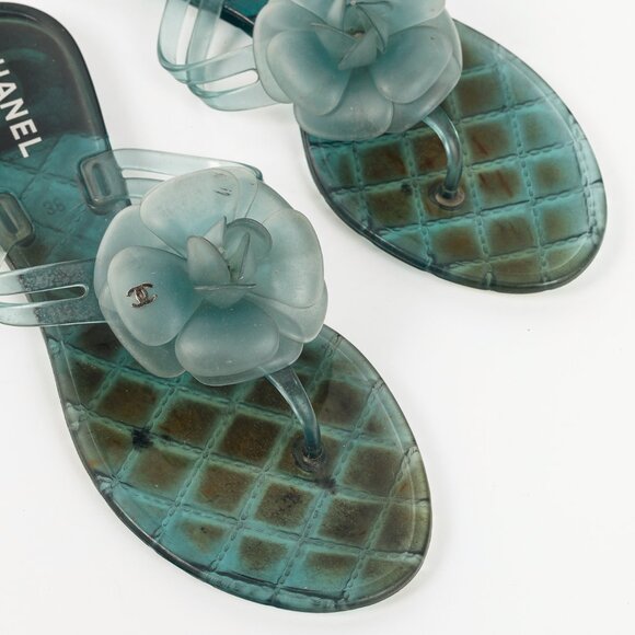 Chanel Green Metallic Jelly Camellia Thong Sandals - Picture 6 of 9
